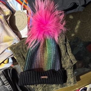 Rainbow Striped Kids Beanie with Pink Pom